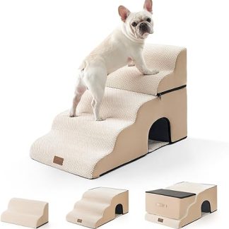 COZY KISS Dog Stairs for Small Dogs, Pet Stairs for Loft Bed Made of High Density Sponge, Dog Stairs Dog Ramp with Washable Cover (Beige, 84 × 50 × 57 cm, 5)