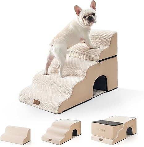 COZY KISS Dog Stairs for Small Dogs, Pet Stairs for Loft Bed Made of High Density Sponge, Dog Stairs Dog Ramp with Washable Cover (Beige, 84 × 50 × 57 cm, 5)