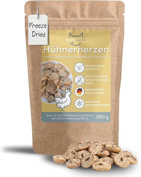 BARFAWAY Freeze Dried Chicken Hearts for Dogs and Cats, Grain-Free, Sugar-Free, 100% Natural No Additives, Made in Germany, 250 g