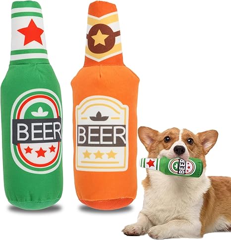 Wvu & Wvo Dog Toy, 2 Pieces Soft Beer Bottles, Plush Dog Toy, Squeaky Toy, Dog Chew Toy, Squeaky Dog Toy for Small, Medium, Large Dogs