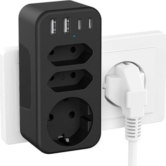 JSVER Multiple Plug Socket Adapter with USB C, 7-in-1 Multiple Socket with 4 USB Power Plugs, 3680 W/16 A, Double Plug for Office, Home or Travel, Black