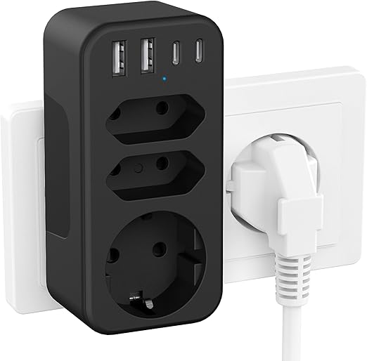 JSVER Multiple Plug Socket Adapter with USB C, 7-in-1 Multiple Socket with 4 USB Power Plugs, 3680 W/16 A, Double Plug for Office, Home or Travel, Black