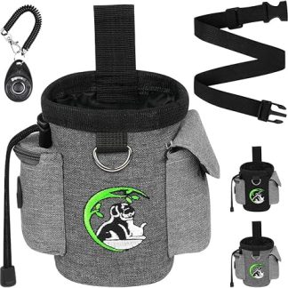 Adiwo Treat Bag for Dogs, Dog Treat Bag and Training Clicker, Waterproof Hands-Free Dog Treat Bag with Waste Bag Dispenser, Multiple Pockets, Belt Bag for Dog Walking, Grey