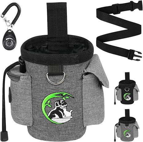 Adiwo Treat Bag for Dogs, Dog Treat Bag and Training Clicker, Waterproof Hands-Free Dog Treat Bag with Waste Bag Dispenser, Multiple Pockets, Belt Bag for Dog Walking, Grey