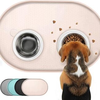 Conlun Dog Bowl Mat, 1.2 cm High Edges Feeding Mat for Cats to Prevent Spills, BPA-Free Silicone Mat with Rim, Rubber Dog Bowl Mat for Food and Water Bowls (Beige, 48 x 30 cm) WT