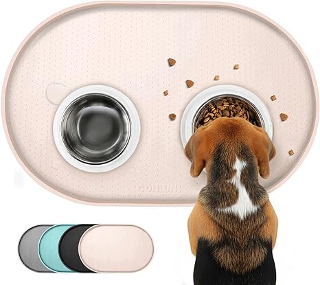 Conlun Dog Bowl Mat, 1.2 cm High Edges Feeding Mat for Cats to Prevent Spills, BPA-Free Silicone Mat with Rim, Rubber Dog Bowl Mat for Food and Water Bowls (Beige, 48 x 30 cm) WT