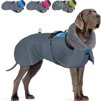 Eyein Winter Dog Coat for Large Dogs, Waterproof Dog Jacket with Warm Fleece Lining and Collar, Windproof Winter Coat Dog with Abdominal Protection and Adjustable Chest Strap, Blue, XXL