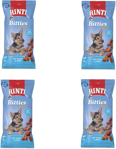 Rinti Bitties Puppy - Chicken & Beef | Pack of 4 | 4 x 75 g | Supplementary Feed for Growing Dogs | With Omega 3 for Brain Development | No Sugar & Soy