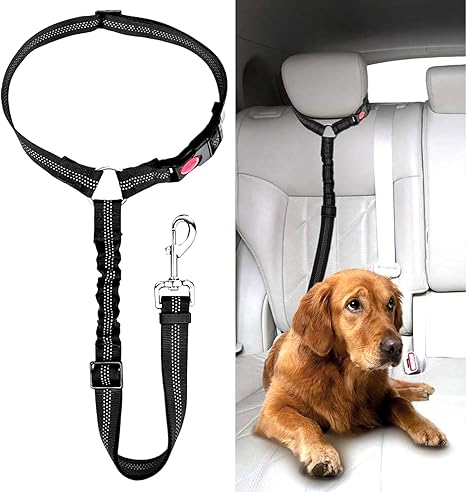 Adjustable Seat Belt Dog Car Headrest, Safety Harness Dog Seat Belt, Dog Seat Belt with Elastic for Small and Medium Puppies, Black