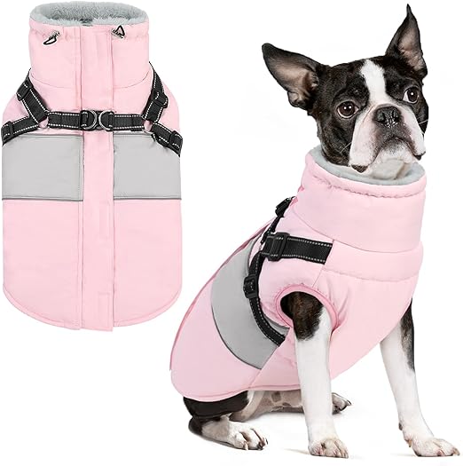 AOFITEE Dog Jacket Small Dogs, Warm Dog Coat Winter Waterproof Dog Coat with Harness, Reflective Winter Jacket, Winter Coat Dog with Chest Strap, Fleece Coat, Dog Jumper for Cold Weather
