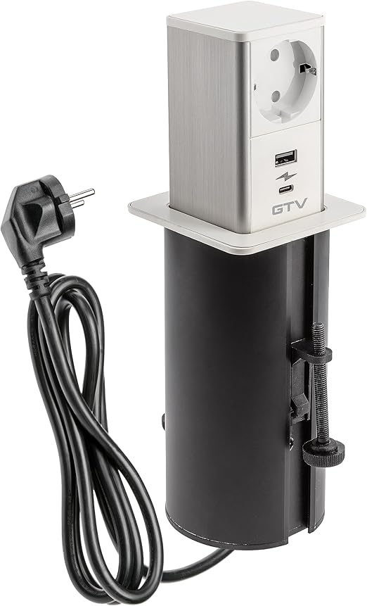 GTV - Tower furniture socket, extendable built-in socket, 1 x Schuko socket, 1 x USB A, 1 x USB C, cable length 1.5 m, colour white, for desks, tabletop, kitchen and office