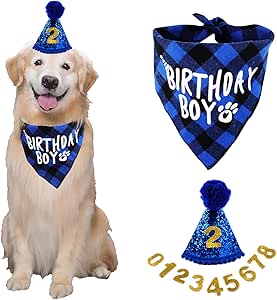 Dog Birthday Hat Bandana Set, 3 Pieces Dog Birthday Bandana Hat with 8 Bling Numbers, Dog Birthday Gift, Dog Birthday Decoration (Blue)