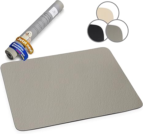 Miggo® Absorbent Premium Bowl Mat for Cats and Dogs 50 x 80 cm Grey Feeding Mat Dog Bowl Cat Non-Slip Mat for Food, Water, Fountain, Faux Leather, XL