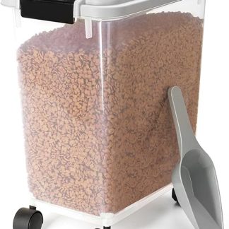 Nobleza - Pet Food Container, 20L Pet Food Box with Wheels, Flip Lid, Airtight, Transparent, Wheels and Scoop, for Dogs and Cats, Grey