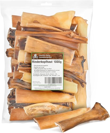 Kaureks Natur Hundeleckerlies, Bovine Scalp 1000 g Approx. 15 cm, Scalp for Dogs, Like Pig Ears