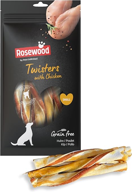 Rosewood Twisters Chicken Small - Firm Beef Skin Chew Snack for Small Dogs, Chew Stick with Chicken, Supports Dental Care, Grains and Gluten Free, No Artificial Additives, 90 g
