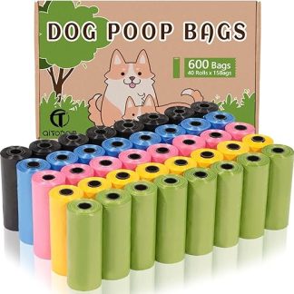 AiTodos® 600 Pcs Dog Poop Bags, 5 Colours, Suitable for Going Out, Dog Poo Bags, 30 x 21.5 cm, Polyethylene Material, Portable, Black, Blue, Pink, Yellow, Green (40 Rolls, 15 per Roll)