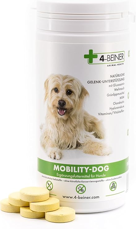 4-legged mobility dog, 120 joint tablets for dogs, natural ingredients support joints, ligaments and tendons, promote mobility, mobility and well-being