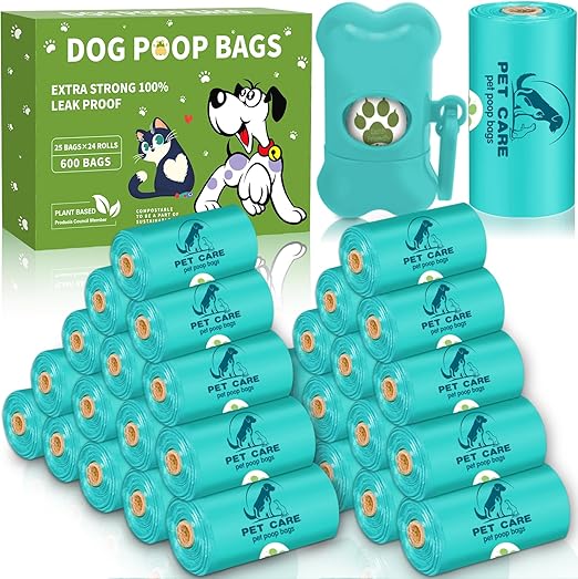 BBLTIFF 600 Pieces/24 Rolls Dog Waste Bags, Poop Bags for Dogs, Dog Waste Bags Rolls with 1 Donation, Dog Bags Thick & Leak-Proof with Lemon Flavour for On the Go