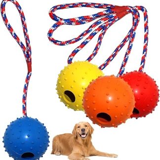 4 Balls with Cord Dog, Diameter 5/30 cm, Throwing Ball on Rope, Natural Rubber, Dog Toy Ball with Rope, Extremely Wide Throws, Dog Ball, Snack Ball, Dog Balls, Small Dogs, Large Dogs (Red, Yellow
