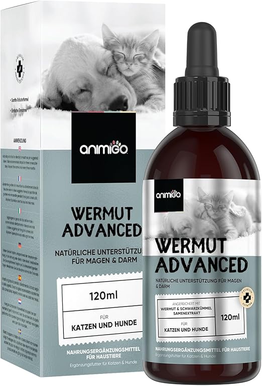 animigo Wormwood Drops for Cats and Dogs - 120 ml Drops - 1+ Year Supply - With Wormwood, Black Cumin and Seed Extract - Alternative to Wormwood Tablets - For Cats and Dogs of All Ages