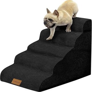 Wide Dog Stairs Black 5 Steps 62 cm High for Small Dogs, High Density Foam Pet Stairs, Washable Cover and Non-Slip Base
