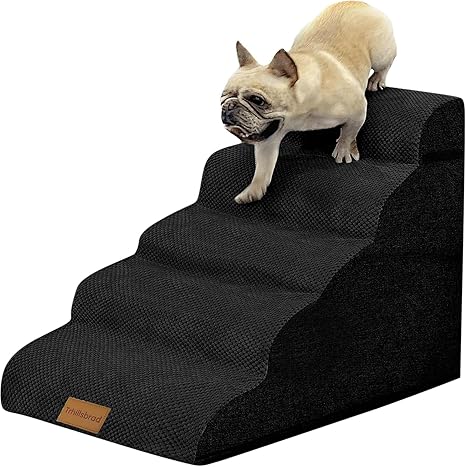 Wide Dog Stairs Black 5 Steps 62 cm High for Small Dogs, High Density Foam Pet Stairs, Washable Cover and Non-Slip Base
