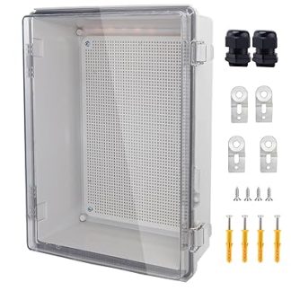 IP67 Waterproof Junction Box, ABS Plastic Electrical Enclosure with Stainless Steel Latch, Flip Cover, Electric Box with Mounting Plate, Wall Brackets and Cable Glands, 370 x 270 x 150 cm