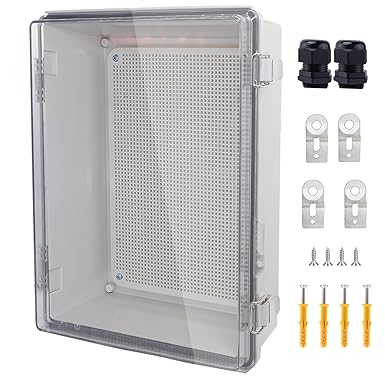 IP67 Waterproof Junction Box, ABS Plastic Electrical Enclosure with Stainless Steel Latch, Flip Cover, Electric Box with Mounting Plate, Wall Brackets and Cable Glands, 370 x 270 x 150 cm