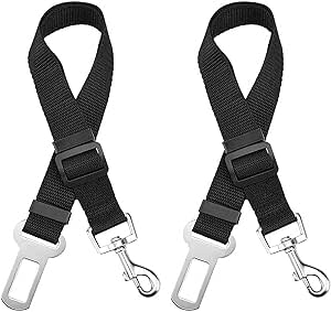 Funalix Pack of 2 Dog Car Seat Belts, Adjustable Seat Belt for Dogs in the Car, 2 in 1 Elastic Dog Belt for All Dog Breeds and Cars (Black)
