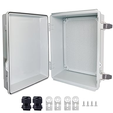 Waterproof Outdoor Box, IP67 ABS Junction Box, Electric Enclosure with Stainless Steel Latch, Flip Cover, Electric Box with Wall Brackets, 15.7D x 8.2W x 7.1H