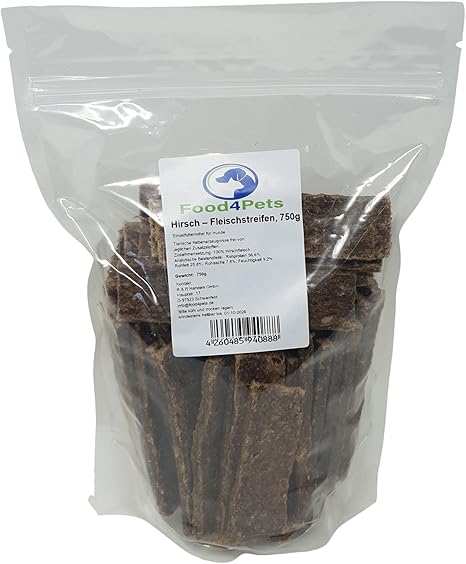Food4Pets Meat Strips Dog Treats Deer Meat 750 g - Savoury and Natural Chew Strips for Dogs, Ideal for Dental Care and as a Reward Snack