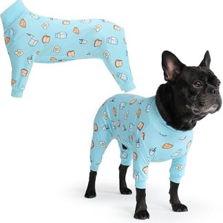 Spark Paws Dog Pyjamas, Ultra Soft and 4-Way Stretch, Post-Surgery Recovery Suit, Onesie Pyjamas for Small, Medium and Large Dogs – Breakfast Blue – XL