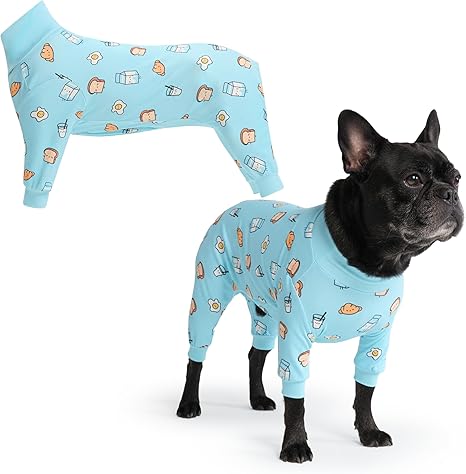 Spark Paws Dog Pyjamas, Ultra Soft and 4-Way Stretch, Post-Surgery Recovery Suit, Onesie Pyjamas for Small, Medium and Large Dogs – Breakfast Blue – XL