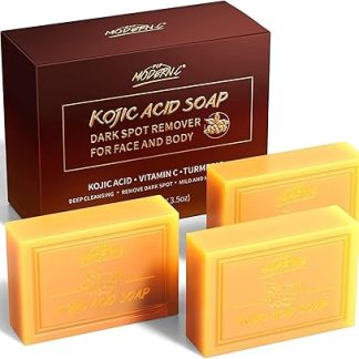 Kojic Acid Soap with Turmeric and Vitamin C, Stain Remover for Face and Body, 3 x 100g, Moisturising Against Acne and Blackheads, Hyaluronic Acid for Deep Cleansing, with Mesh Bag