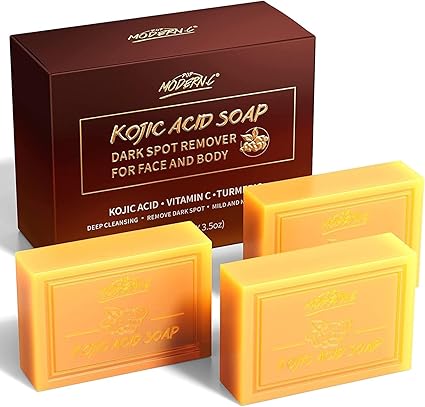 Kojic Acid Soap with Turmeric and Vitamin C, Stain Remover for Face and Body, 3 x 100g, Moisturising Against Acne and Blackheads, Hyaluronic Acid for Deep Cleansing, with Mesh Bag