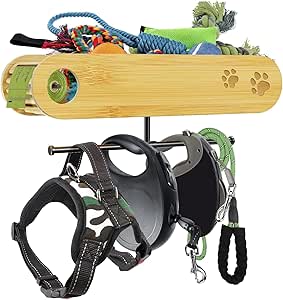 Dog Coat Rack with Shelf Made of Natural Bamboo, Dog Coat Rack Designed for Dog Lovers, Ideal for Storing Dog Collars, Waste Bags, Food and Toys (A)