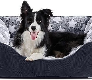 FURTIME Dog Bed, Medium Dog Basket, Washable Dog Basket, Non-Slip Dog Beds, Fluffy Dog Mattress with Raised Edges, Soft Dog Sofa for Dogs and Cats, L (76 x 61 x 23 cm), Black/Stars