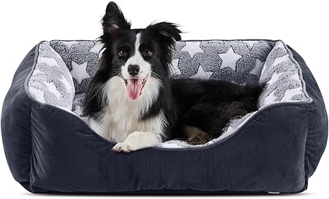 FURTIME Dog Bed, Medium Dog Basket, Washable Dog Basket, Non-Slip Dog Beds, Fluffy Dog Mattress with Raised Edges, Soft Dog Sofa for Dogs and Cats, L (76 x 61 x 23 cm), Black/Stars