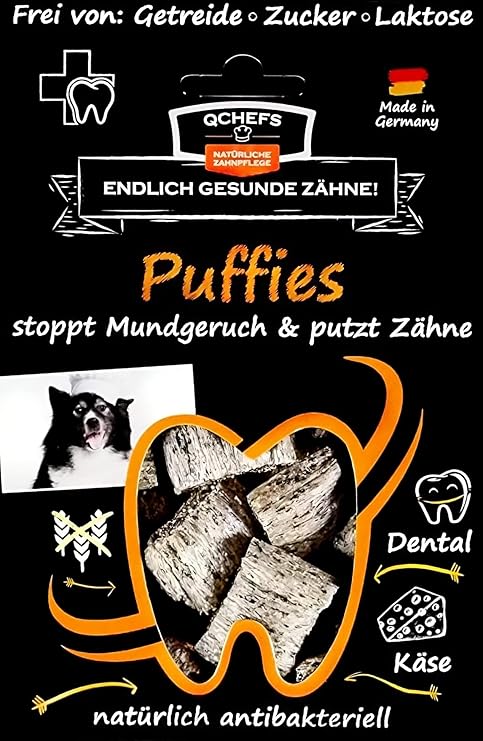 QCHEFS PUFFIES Dog Treats for Bad Breath Gum Disease as Tartar Remover with Natural Antibacterial Dental Care without Dental Spray, Toothbrush or Toothpaste