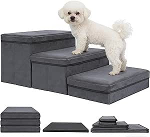 AKOZLIN Dog Stairs with Storage, 3 Steps Foldable 3-in-1 Pet Stairs, Extra Wide Pet Ramp, Pet Ladder, Pet Stairs for Small to Large Dogs, Cats, Dark Grey
