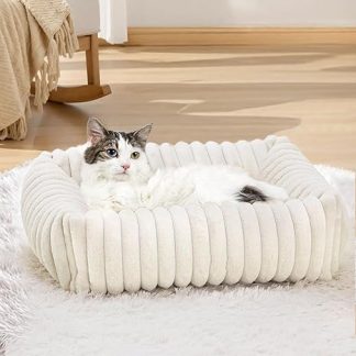 XIAPIA Fluffy Washable Cat Bed, 50 x 48 x 15 cm, Plush Cat Sleeping Area, Soft and Warm for Cats, Small Dogs, Orthopaedic Cuddly Bed with Rustproof Base, White