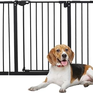 PawHut Dog Door Safety Gate, Barrier Gate, 74-147.5 cm, Stair Safety Gate for Pets, Dog Gate with 3 Different Extensions, Protective Gate No Drilling, Metal, Plastic, Black