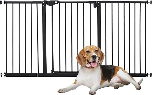 PawHut Dog Door Safety Gate, Barrier Gate, 74-147.5 cm, Stair Safety Gate for Pets, Dog Gate with 3 Different Extensions, Protective Gate No Drilling, Metal, Plastic, Black