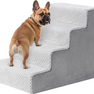 KSIIA Dog Stairs for Small Dogs, 44 cm High, Pet Stairs with Removable Washable Cover, Cat Stairs for Old Cats, Dogs, Non-Slip Dog Ramp, Dog Stairs for Bed, Sofa, Grey