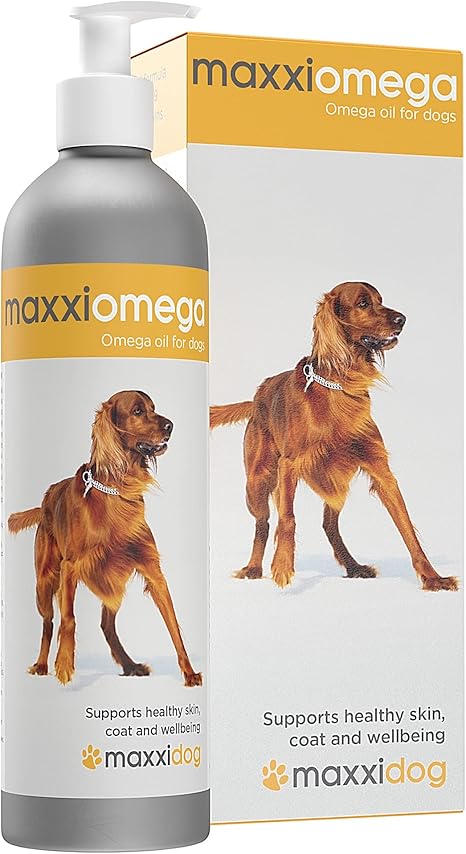 maxxiomega omega oil for dogs for healthy skin & shiny coat – Easy to use pump – No fishy smell - Omega 3, 6 & 9, plus Vitamins and Biotin - Liquid canine supplement 296 ml