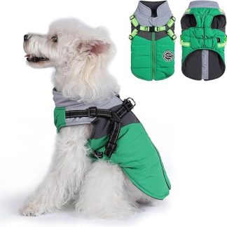 Savlot Dog Coat with Harness, Dog Coats for Cold Weather, Dog Coats for Small Dogs, Dog Winter Jacket, Windproof, Reflective Puppy Jacket (M, Green + Grey)