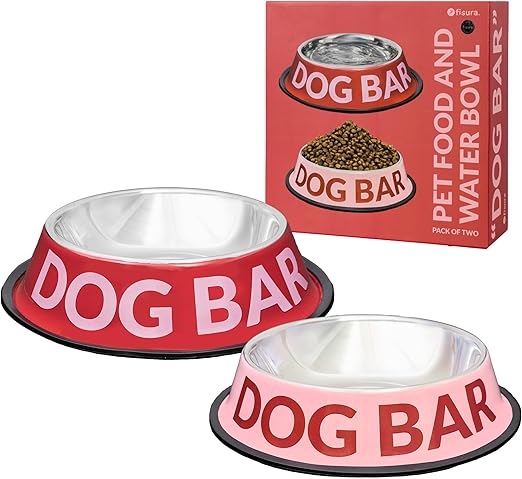 Fisura - 2 x Stainless Steel Dog Bar Dog Bowls, Non-Slip Dog Bowls in Pink and Red, Food Container 500 ml and 1000 ml Drinking Bowl. Original Pet Set.