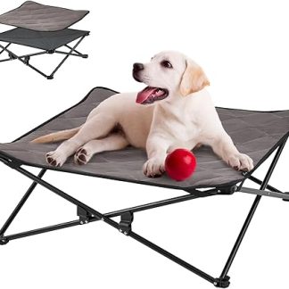 KingCamp Raised Dog Bed, Dog Bed, Outdoor Pet Bed, Pet Lounger, Breathable Mesh & Suede Mat & Non-Slip Feet for Travel, Garden, Outdoor, Indoor, Black, 77 x 77 x 30 cm