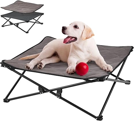 KingCamp Raised Dog Bed, Dog Bed, Outdoor Pet Bed, Pet Lounger, Breathable Mesh & Suede Mat & Non-Slip Feet for Travel, Garden, Outdoor, Indoor, Black, 77 x 77 x 30 cm